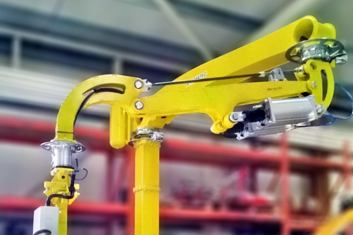 Pneumatic manipulator on a U.S. factory floor used in a reshored manufacturing facility