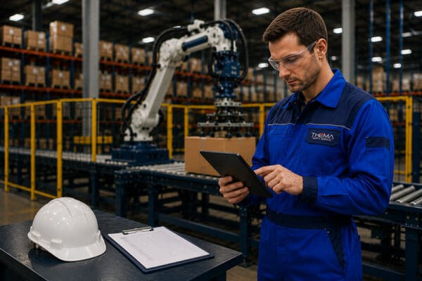 THEMA North America technician reviewing manipulator application data on a tablet beside industrial equipment in a warehouse