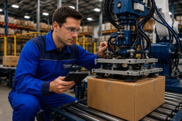 THEMA North America technician inspecting end-of-arm gripper tooling on a manipulator handling a corrugated box over a conveyor