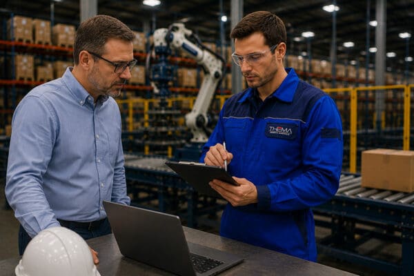 THEMA North America technician reviewing clipboard notes with a client beside conveyor equipment during an on-site workflow assessment