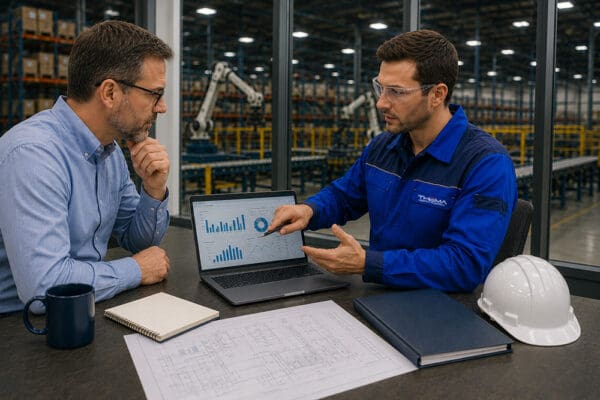 THEMA North America technician reviewing material-handling workflow data with a client during a manipulator application planning visit