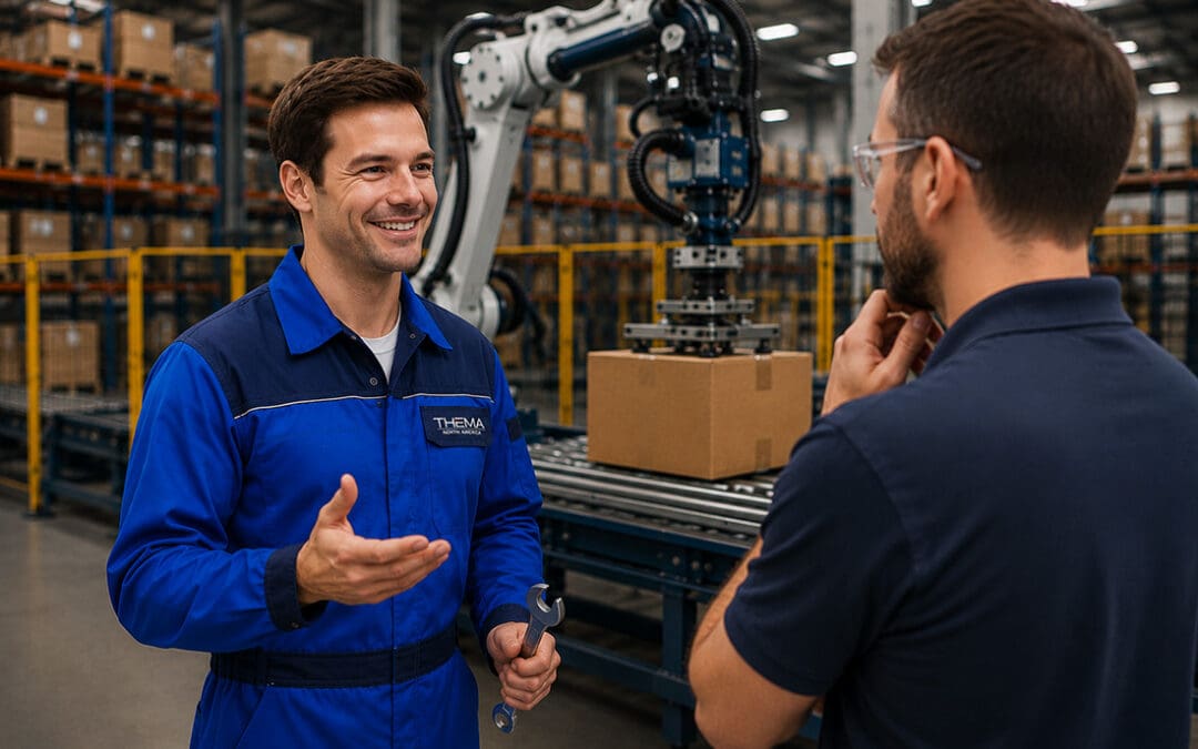 THEMA North America technician and client reviewing an industrial manipulator application on a production floor