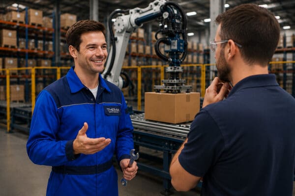 THEMA North America technician and client reviewing an industrial manipulator application on a production floor