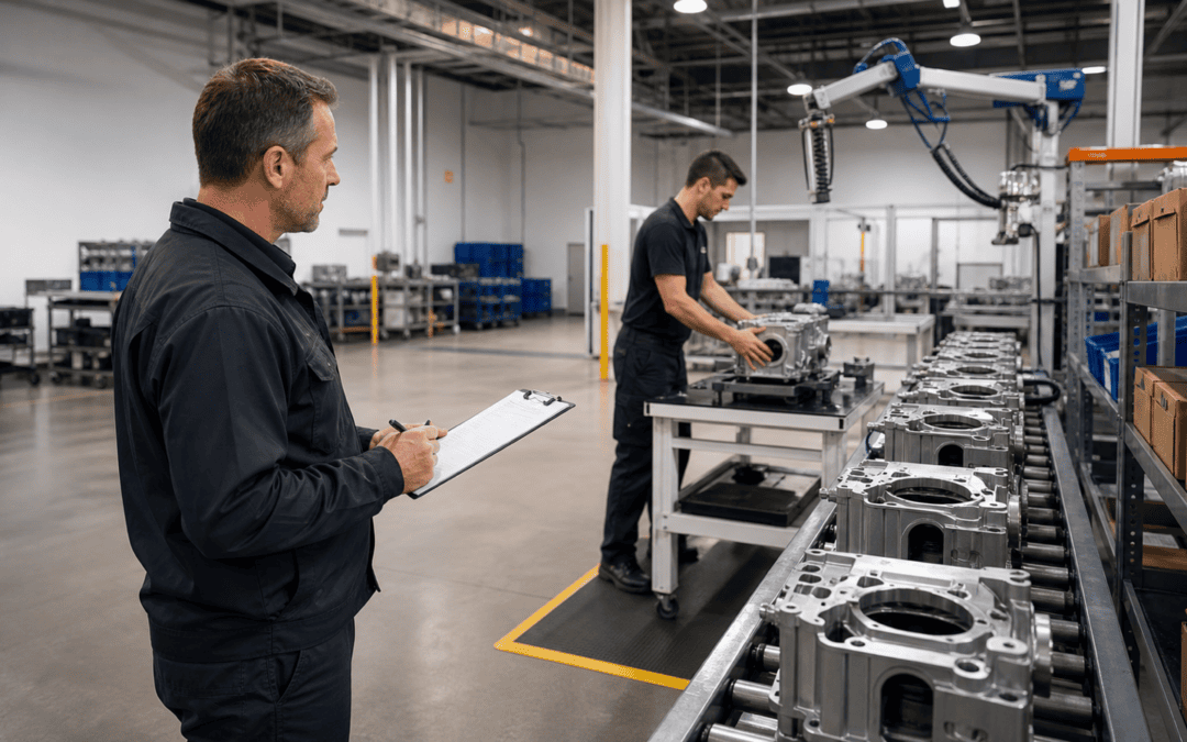 Production supervisor identifying a manual-handling bottleneck on an industrial assembly line