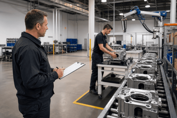 Production supervisor identifying a manual-handling bottleneck on an industrial assembly line