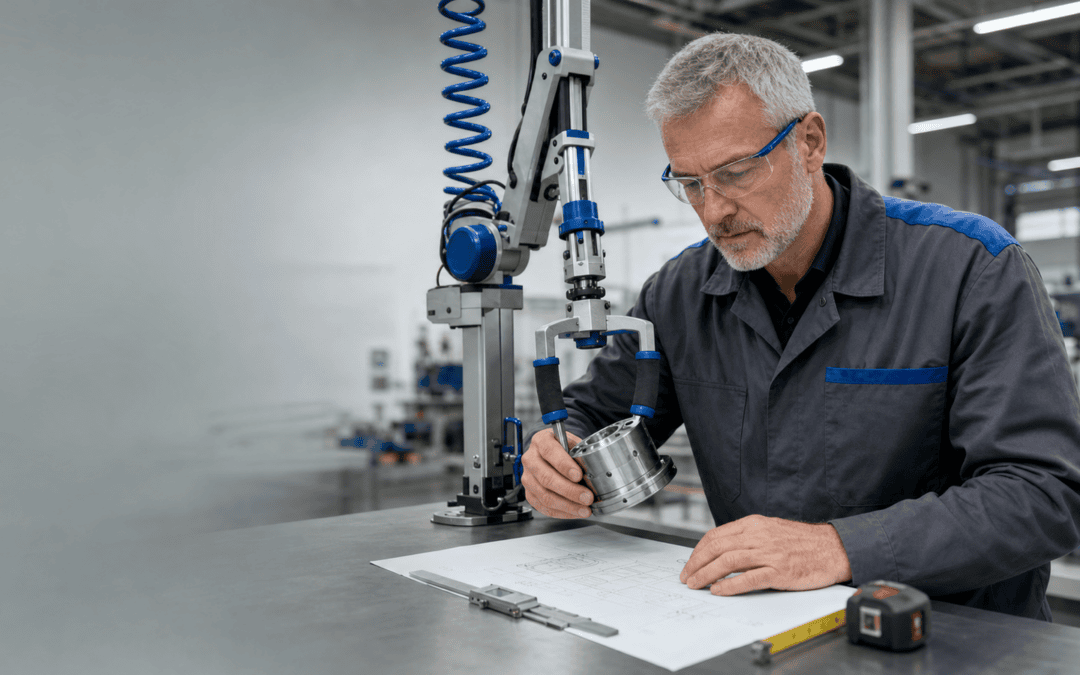 Industrial engineer reviewing a pneumatic manipulator specification beside a lift-assist workstation