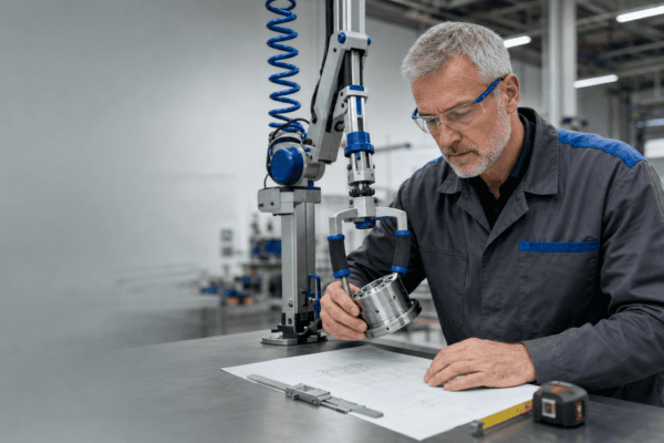 Industrial engineer reviewing a pneumatic manipulator specification beside a lift-assist workstation